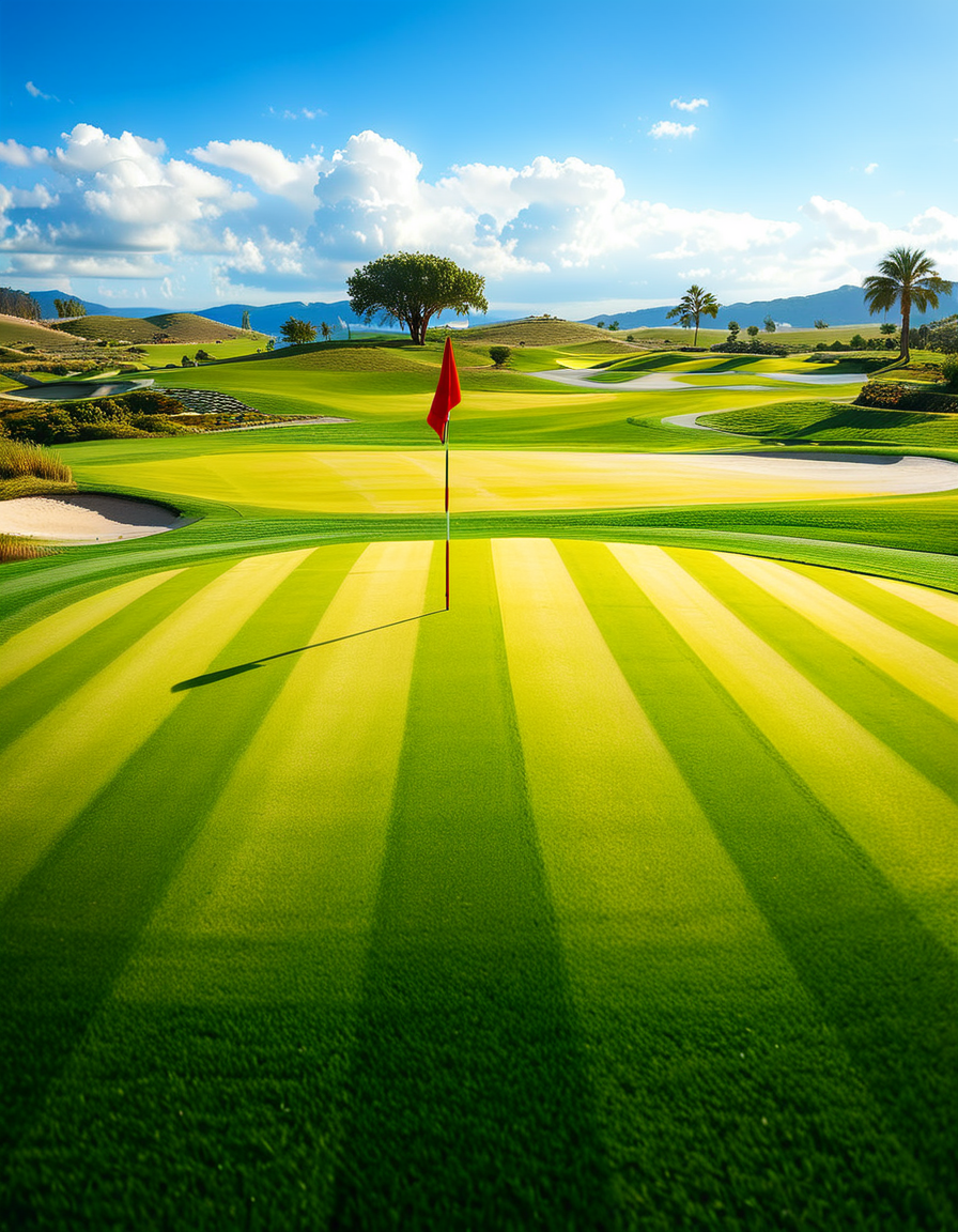 A stunning golf course captured in a high-resolution photograph, bathed in warm sunlight during the golden hour. The vast landscape features lush, perfectly manicured green fairways stretching into the distance, surrounded by rolling hills and scattered sand bunkers with smooth, raked surfaces. A crystal-clear water hazard reflects the sky, adding depth to the scenery. In the foreground, a pristine white golf ball rests on the neatly trimmed grass near a wooden tee marker. A red flag flutters gently atop a flagstick, marking the hole on the undulating green. Tall palm trees or majestic pines line the course, casting long shadows. The background showcases a breathtaking view of distant mountains or a serene blue ocean, enhancing the sense of tranquility and luxury. The sky is a brilliant shade of blue with soft, wispy clouds. The overall composition exudes elegance, precision, and the beauty of nature, capturing the essence of a world-class golf course.
<lora:SDXLFaeTastic2400:0.4> <lora:extremely_detailed:0.4> extremely detailed,<lora:golf_course:1>,golf c0urs3, Masterpiece,best quality,hi res,8k,hi res,8k,award winning,(sharp focus, intricate, highly detailed),