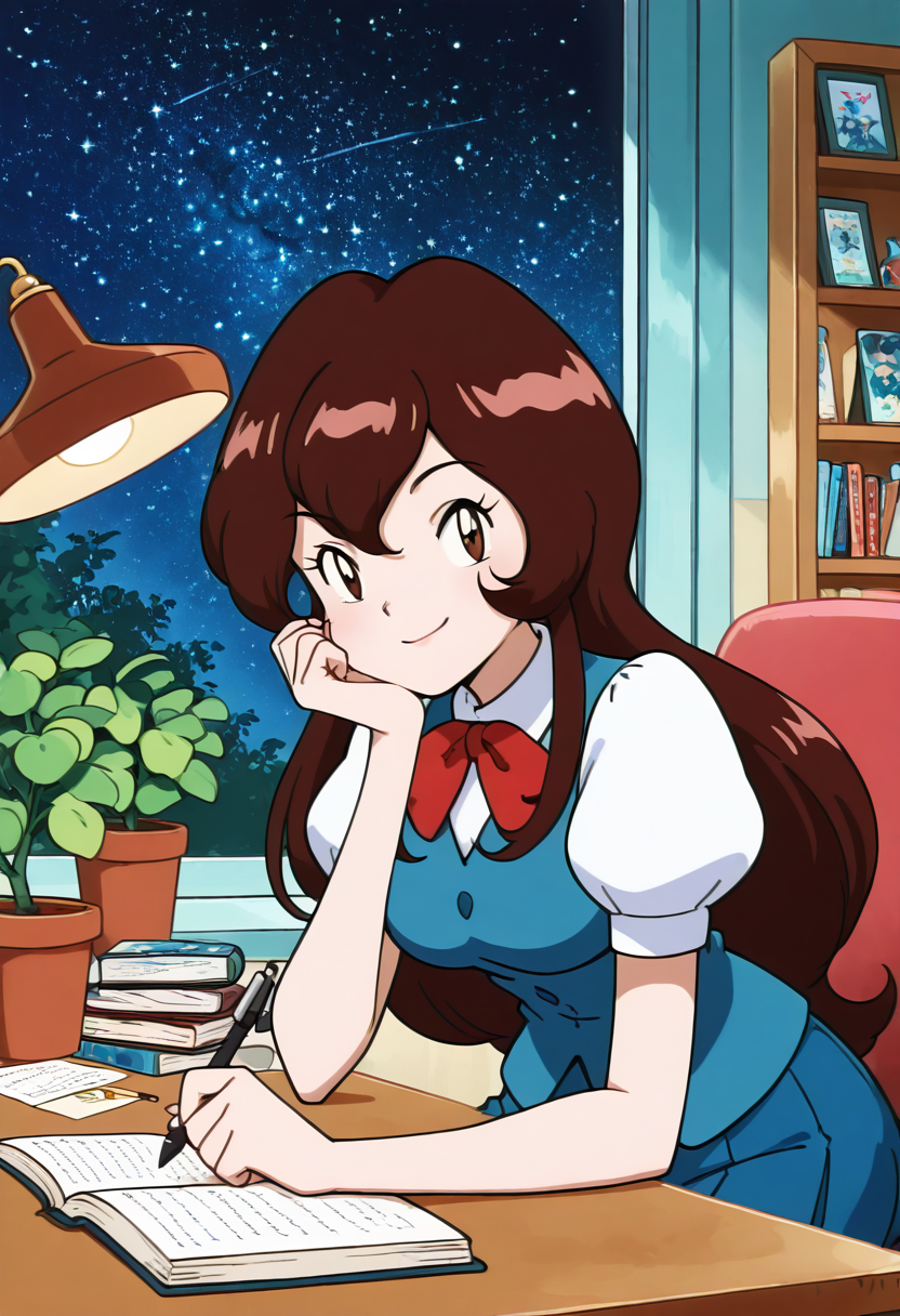 masterpiece, best quality, solo, curvy, beautiful eyes, aged up, large breasts, wide hips, narrow waist, 1girl, solo, smile, looking at viewer, zzGiselle, brown eyes, hair between eyes, brown hair, long hair,   red bowtie, puffy short sleeves, blue vest, buttons, blue skirt, smug,  <lora:GisellePokemon_IXL:1.0>,     , zzLofi, sitting, side view, desk, chair, book, bookshelf, head rest, holding, holding pen, lamp, night, open book, pen, plant, potted plant, sky, star (sky), starry sky, window, windowsill, writing, <lora:LofiGirl_Style_IXL:0.8>,