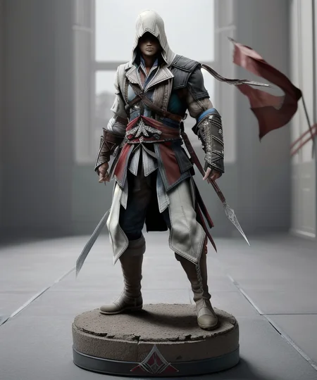 figrne, assassin's creed ezio, on a base, dynamic pose, solo, depth of field, flawless, RAW,(((plain background))), high detail, insane detail <lora:figrne_v2std:1>