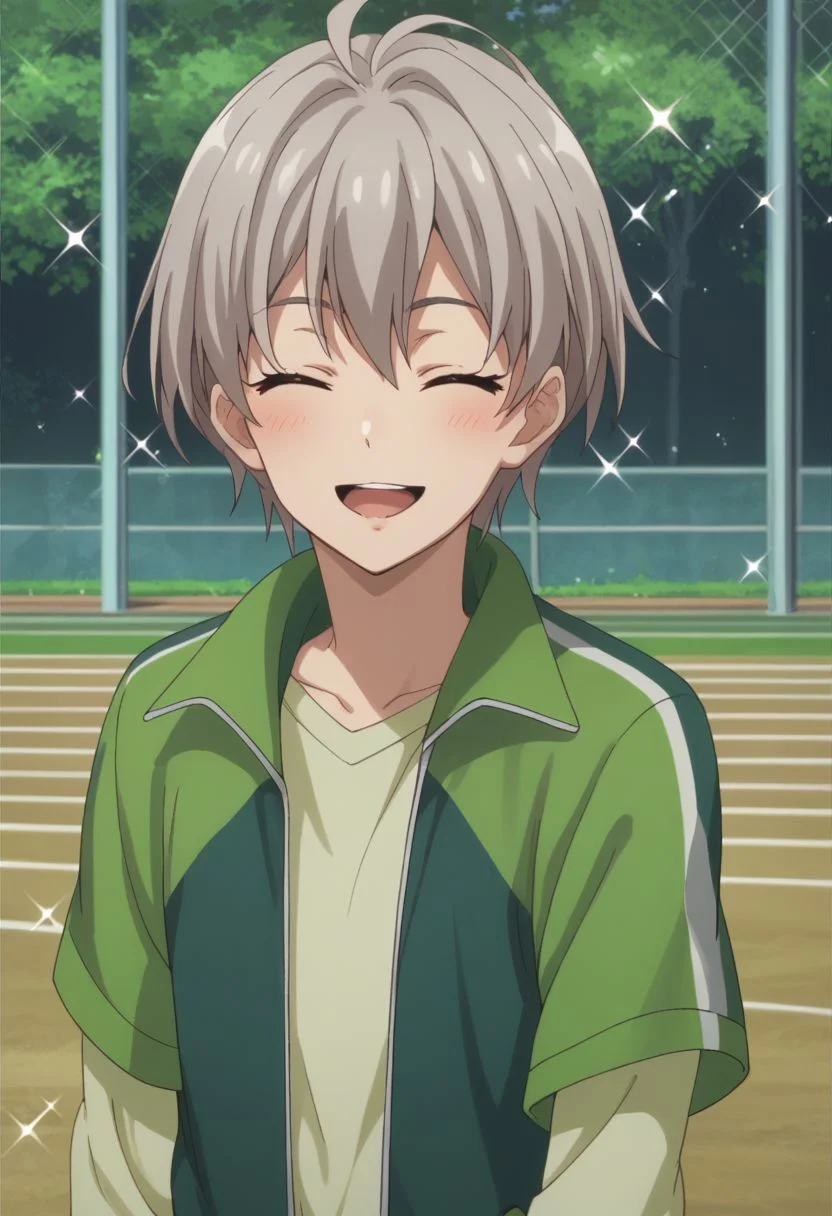 score_9, score_8_up, score_7_up, source_anime, highly detailed,
saika, closed eyes, male focus, solo, 1boy, open mouth, blush, grey hair, sparkle,
jacket, smile, short hair, green jacket, parody, track jacket, upper body, open jack,
outdoor,