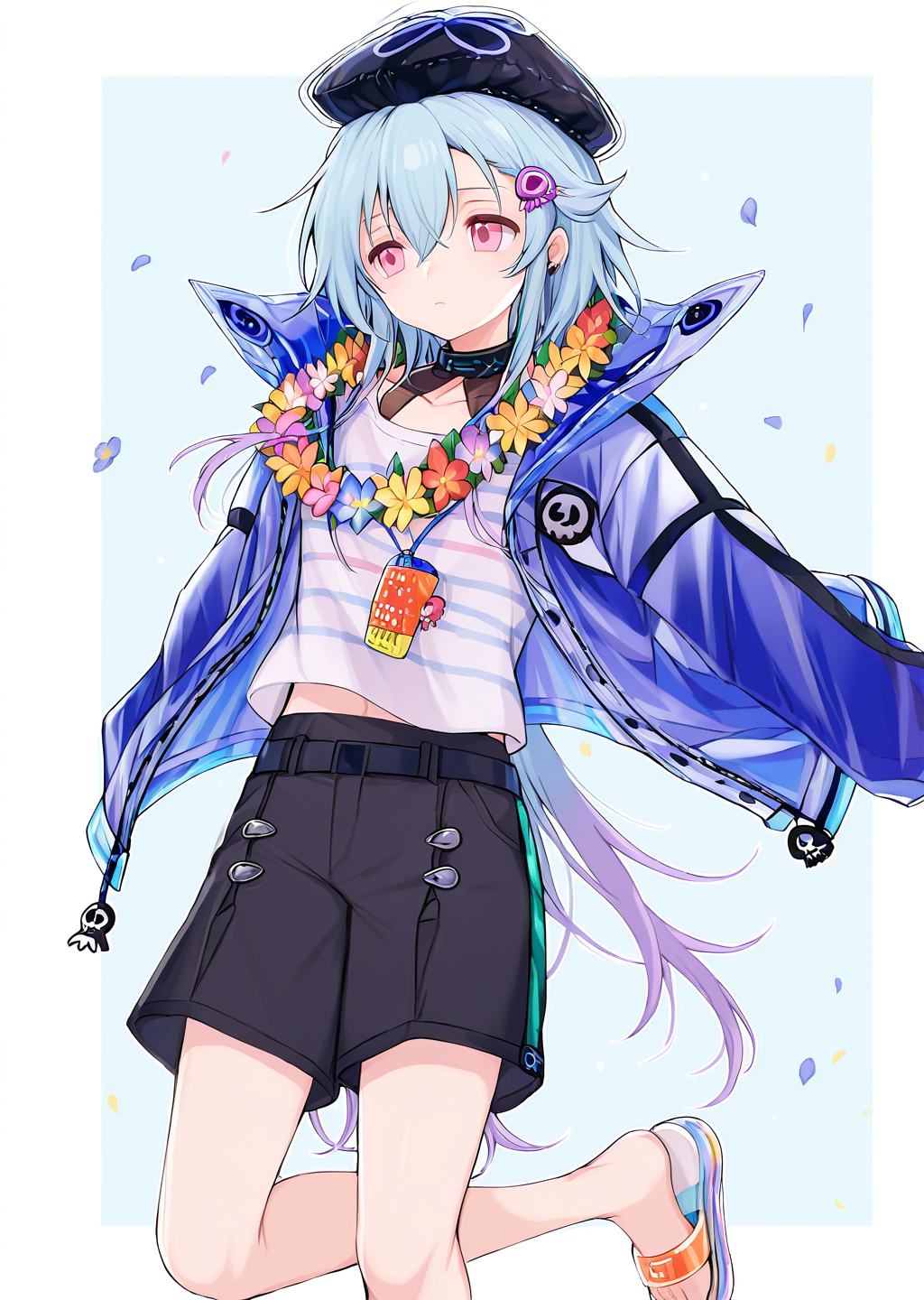 <lora:ShimizuAkina250208:1>,ShimizuAkina,OcBoy,<lora:mizuki_arknights_for_IL:1>,mizuki_\(remove\)_\(arknights\),mizuki_\(summer_feast\)_\(arknights\),blue hair,black headwear,pink eyes,gradient hair,beret,black collar,hair ornament,striped shirt,cropped legs,flower necklace,blue jacket,sandals,<lora:NOOB_vp1_detailer_by_volnovik_v1:1>,<lora:noobai_ep11_stabilizer_v0.138_fp16:1>,