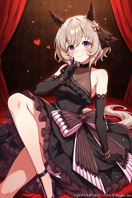 masterpiece,best quality,very aesthetic,absurdres,highres,newest,official art,official style,
uncensored,
1girl,solo,
crc wedding,curren chan (umamusume),
animal ears,blush,dress,elbow gloves,gloves,grey hair,hair ornament,
horse ears,horse tail,ribbon,short hair,tail,wedding dress,black dress,black gloves,long dress,
bow,ear covers,ear ornament,horse girl,official alternate costume,
purple eyes,detached sleeves,bare shoulders,black footwear,dress bow,
frilled dress,frills,high heels,see-through,see-through cleavage,see-through dress,
sleeveless,sleeveless dress,black choker,bracelet,choker,bangs,violet eyes,
eye_focus,<lora:eye_focus:1>,
<lora:umamusume_curren_chan_ill_v1.0:1>,