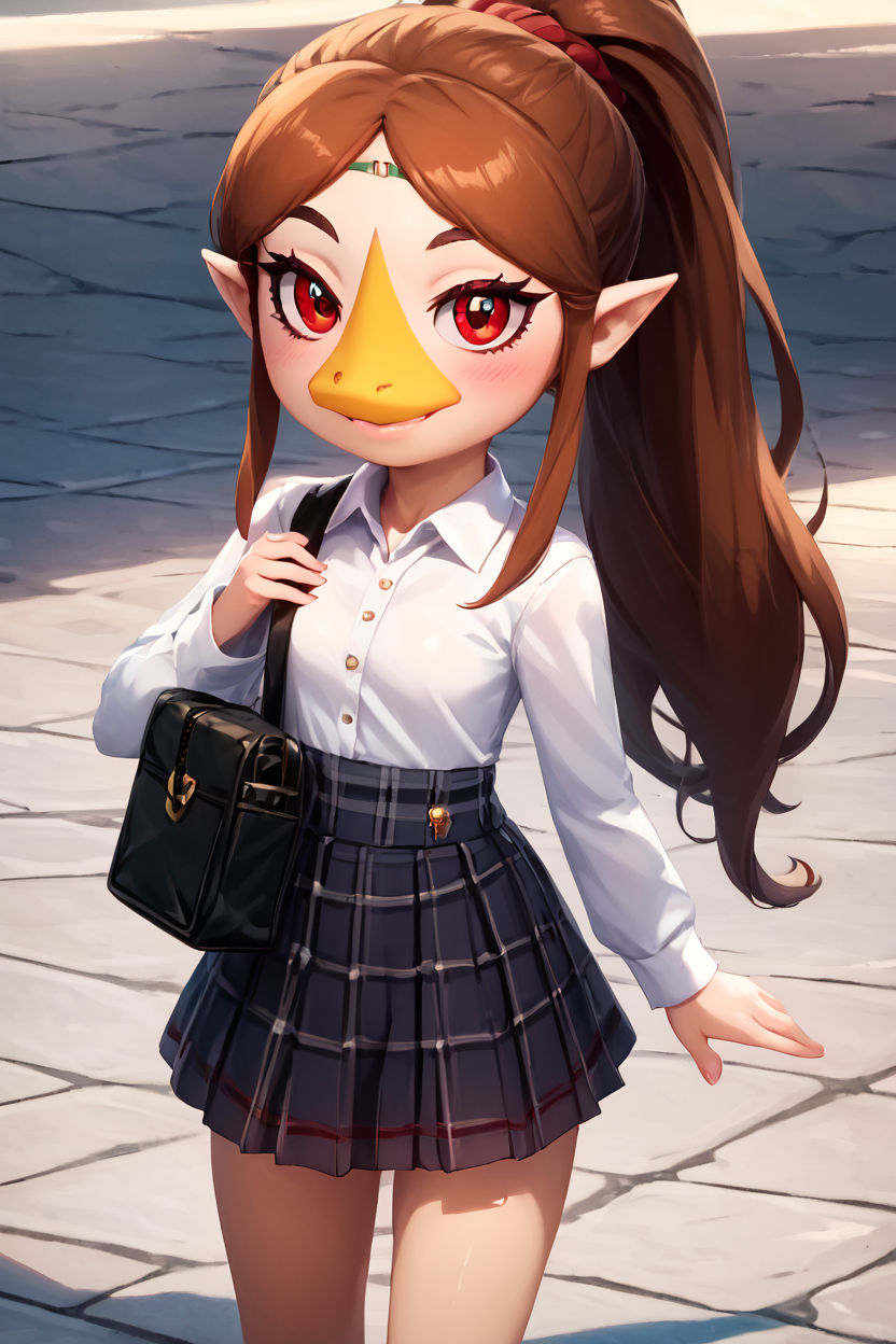 score_9, score_8_up, score_8, medium breasts, (curvy), cute, eyelashes,       BREAK, ,  <lora:MedliZelda_PDXL_v2:0.8>,  zzMedli, solo, 1girl, brown hair, beak, pointy ears, bird, long hair, long hair, red eyes, ponytail, BREAK, closed mouth, alternate costume, smile, looking at viewer, collared shirt, blush, sweater, black skirt, eyelashes, long sleeves, sleeves past wrists, plaid skirt, shoulder bag, black bag, blurry, tile floor, pleated skirt, white shirt, cowboy shot,  embedding:zPDXL, Expressiveh,  <lora:Vivid:0.7>,  <lora:LFashionPDXL:1>,  <lora:Uncensored_PonyXL_cpt_v02.09:0.4>,  <lora:Expressive_H-000001:0.4>,