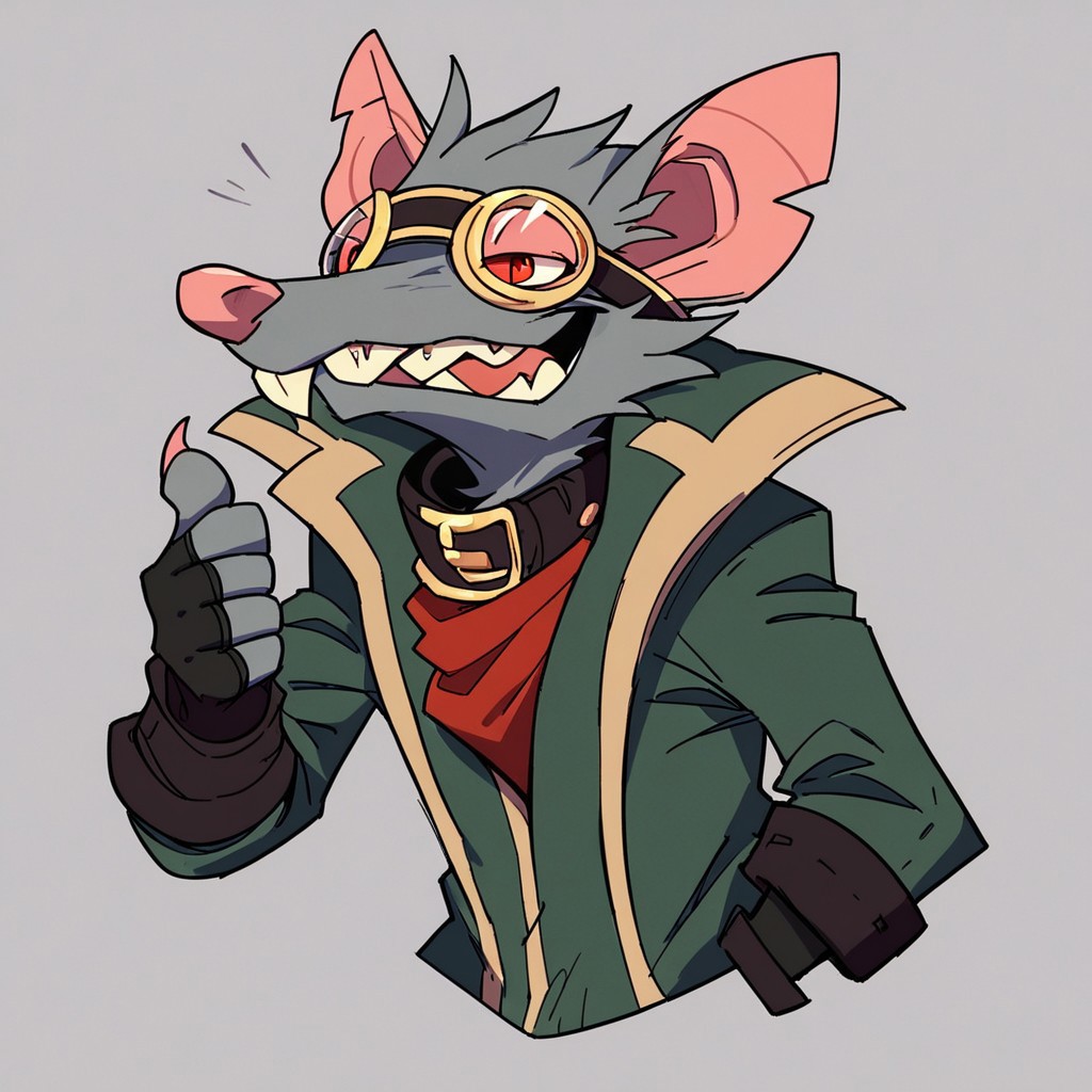 Score_7_up, score_8_up, 2d, source_cartoon, 
BREAK,
 DefTwitch, grey fur, rat, goggles, coat, collar, upper body, (thumbs up), fingerless gloves, simple background,