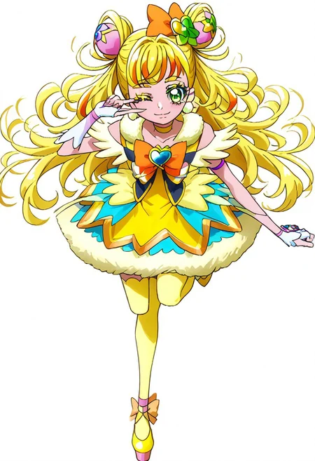 pretty cure, Check Images/Description, style eyes, nose, characters, eyes character, precure face character, white background, simple background, 1girl, solo, one eye closed, thighhighs, blonde hair, magical girl, gloves, hair bun, smile, white gloves, full body, looking at viewer, green eyes, earrings, yellow vest, standing, jewelry, skirt, heart, twintails, hair ornament, heart hair ornament, yellow footwear, high heels, layered skirt, standing on one leg, pom pom \(clothes\), pom pom earrings, zettai ryouiki, eyelashes, bow, closed mouth, hand on own hip, double bun, yellow choker, vest, long hair, shoes, signature, flower, choker, yellow dress, bubble skirt, sparkle, ;\), dress, sleeveless, short hair, Light yellow thighhighs, light red skirt, miniskirt, makeup, thick eyelashes, arm strap, bare shoulders, leg up, multicolored skirt, shirt, orange bow, hair bow, blush, brooch, back bow, yellow shirt, blue skirt, yellow eyes, fur trim, ankle bow, fingerless gloves, detached sleeves, hair flower, yellow bow, puffy sleeves, finger to face, happy, yellow theme, hair medium, hair highlights,