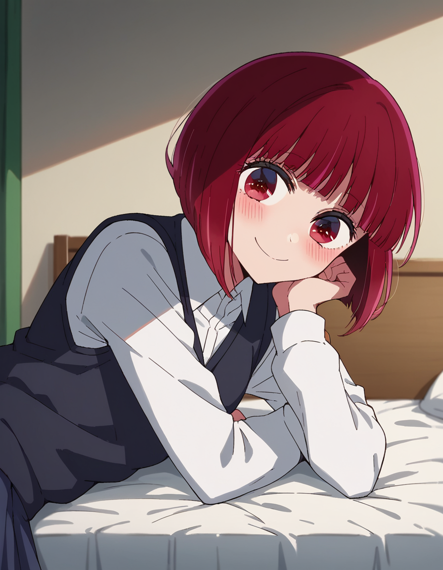score_9, score_8_up, score_7_up, source_anime,
kanaarima, <lora:kana-arima-s1-ponyxl-lora-nochekaiser:1>,
kana arima, short hair, bangs, red eyes, red hair, bob cut, smile,
long sleeves, school uniform, white shirt, collared shirt, vest, black vest,
indoors, bed, bed room, on side, blush, drunk,
looking at viewer, cowboy shot, dutch angle, solo,