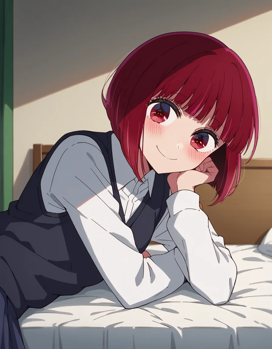 score_9, score_8_up, score_7_up, source_anime,
kanaarima, <lora:kana-arima-s1-ponyxl-lora-nochekaiser:1>,
kana arima, short hair, bangs, red eyes, red hair, bob cut, smile,
long sleeves, school uniform, white shirt, collared shirt, vest, black vest,
indoors, bed, bed room, on side, blush, drunk,
looking at viewer, cowboy shot, dutch angle, solo,
