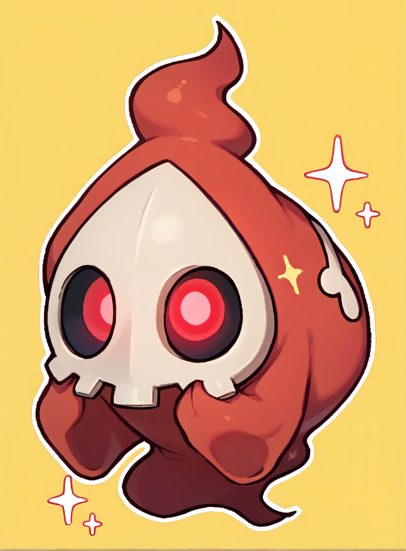 score_9, score_7_up, full body, chibi, floating, looking at viewer, hand on own face, sparkle, <lora:DuskullPKMN-pdxl:1> dusku11, pokemon \(creature\), no humans, mask, red eyes, red skin, ghost, yellow background, white outline