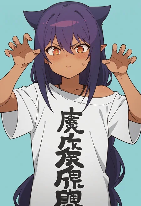 score_9, score_8_up, score_8, source_anime, 1girl, <lora:Jahy:0.85> solo, dark skin, dark-skinned female, long hair, hair between eyes, purple hair, pointy ears, shirt, white shirt, clothes writing, oversized clothes, blush, ojou-sama pose
light blue background, simple background,