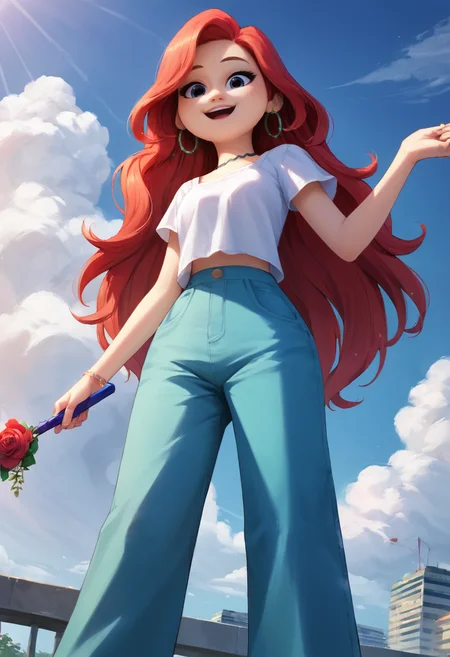 masterpiece,best quality, highly detailed, score_9, score_8_up, score_7_up, score_6_up,<lora:xl_more_art-full_v1:0.8>,source_anime,
BREAK
 <lora:chelsea:0.8>chelsea, 1girl, solo, long hair, pants, jewelry, holding, earrings, sky, open mouth, red hair, feet out of frame, smile, cloud, hoop earrings, day, from below