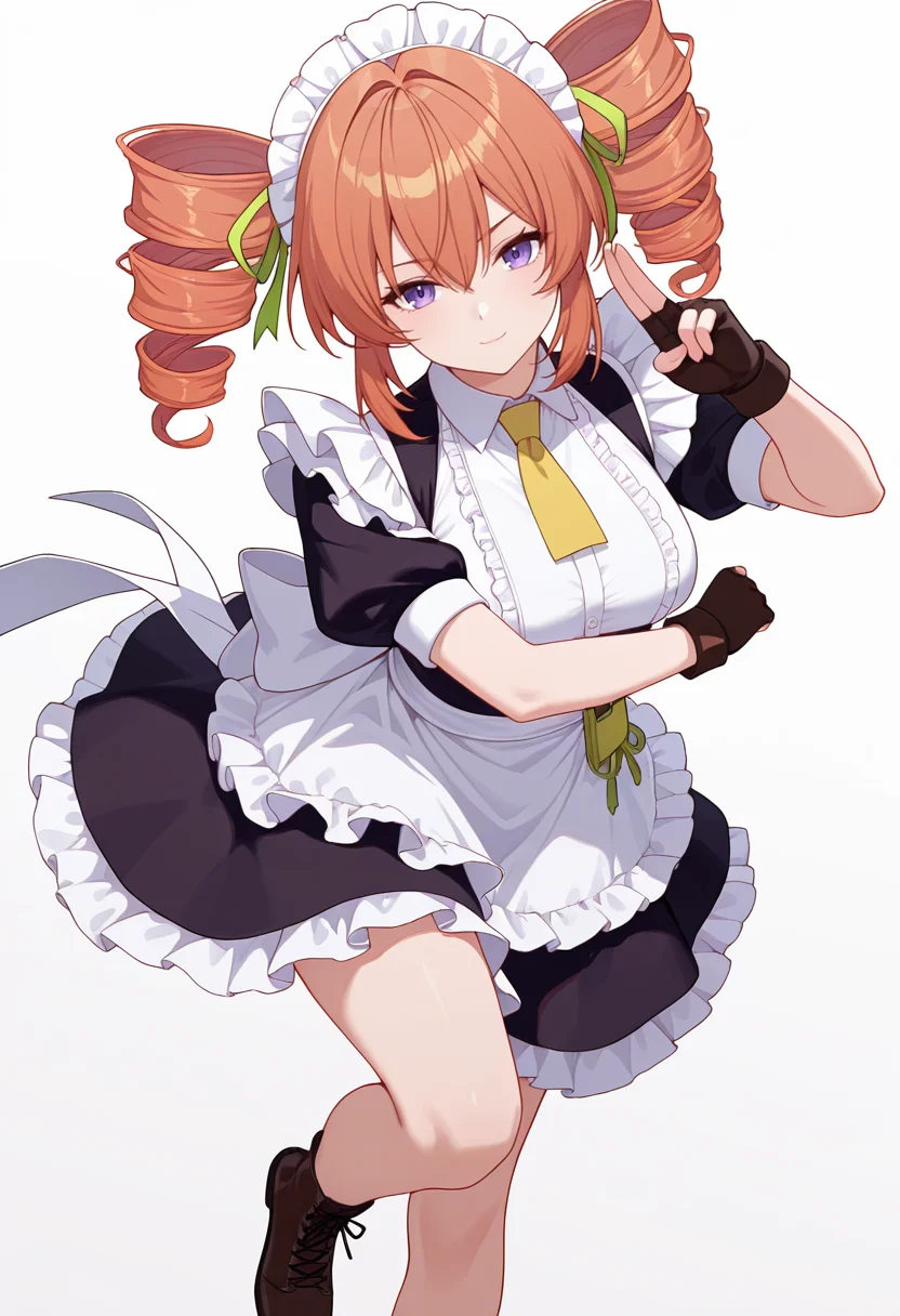 Smooth Quality,masterpiece,very intricate, high quality details, ultra realistic, high detailed skin,detailed enviorement,absurdres,
two-finger salute,
<lora:Gertrude_Rainsworth_CNR_r2:0.8> gertrude_cnr, 1girl, orange hair, twin drills, purple eyes, hair between eyes, medium breasts,black dress, maid apron, frilled apron, puffy short sleeves,fingerless gloves, cross-laced footwear, yellow necktie, green ribbon,maid headdress, hair ribbon,, simple background, white background, dutch angle,
dynamic pose, arms crossed, one leg bent, confident stance, slight head tilt, relaxed hands, ,, 0w0,