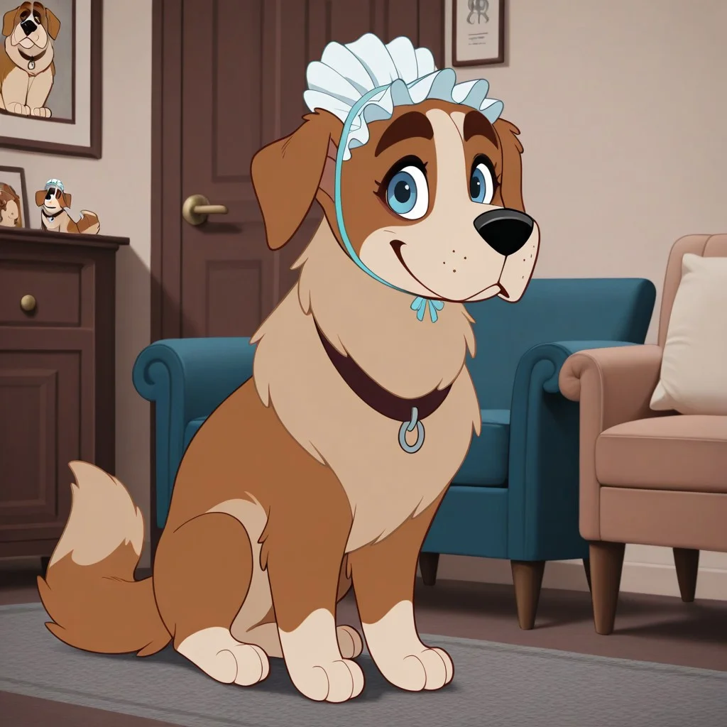 Nana(PP), Solo, 1girl, feral, dog, Saint Bernard, brown and tan fur, blue eyes, floppy dog ears, bushy dog tail, black nose, nursemaid hat, black collar, full body, looking at viewer, standing, smile, living room background,