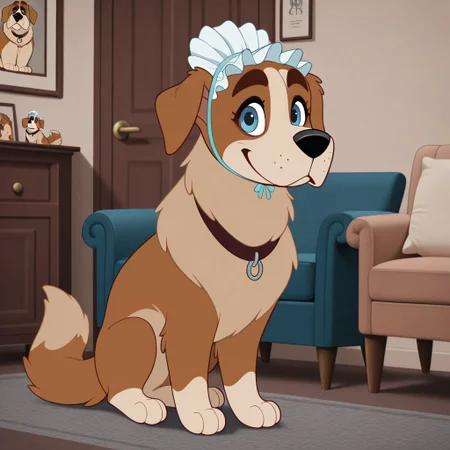 Nana(PP), Solo, 1girl, feral, dog, Saint Bernard, brown and tan fur, blue eyes, floppy dog ears, bushy dog tail, black nose, nursemaid hat, black collar, full body, looking at viewer, standing, smile, living room background,