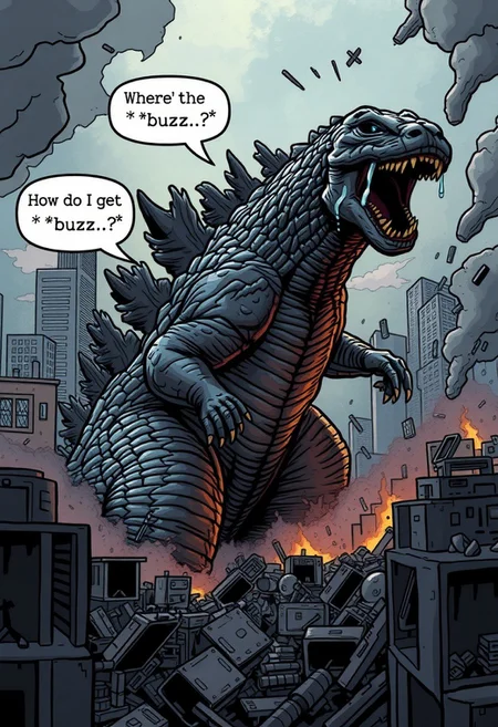 Godzilla rampages through the city, destroying everything in his path, but something is different—he’s crying. Tears pour from his massive eyes as he stomps through the ruins, shouting in frustration with speech bubbles: "Where’s the *buzz*?! How do I get more *buzz*?!"
His roar shakes the city as he desperately searches for the attention he feels he’s never getting enough of, unaware of the devastation he's causing.