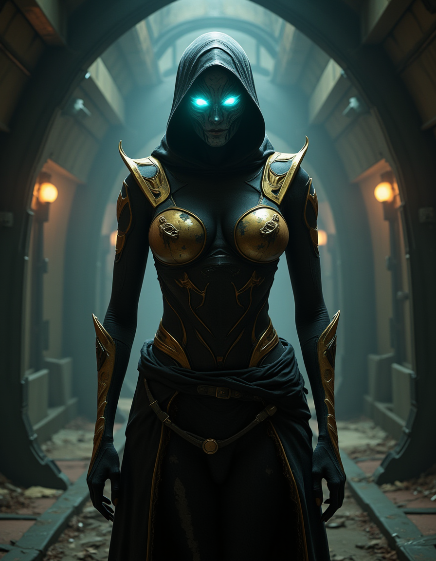 hyperrealistic, photo, masterpiece, stunning, best quality,
Create a detailed portrait of a Zariman character from Warframe video game, a member of The Holdfasts. Depict her as a spectral, Void-touched figure, existing between life and death. Their form should blend Orokin elegance with eerie, corrupted elements golden accents and flowing robes torn by Void energy, with faint wisps of ethereal light emanating from their body. Their face is obscured by a mask and shadowed hood, revealing only glowing, hollow eyes. The background should feature the haunting, abandoned corridors of the Zariman Ten Zero, with twisted metal, flickering lights, and faint traces of a mysterious song echoing through the void. Emphasize a sense of tragic resilience and otherworldly power.
perfect lighting, professional, high contrast, bright colors, intricate details, (high quality texture), (sharp), (artistic image), 8K, highly detailed, fantasy, vivid, rich details,