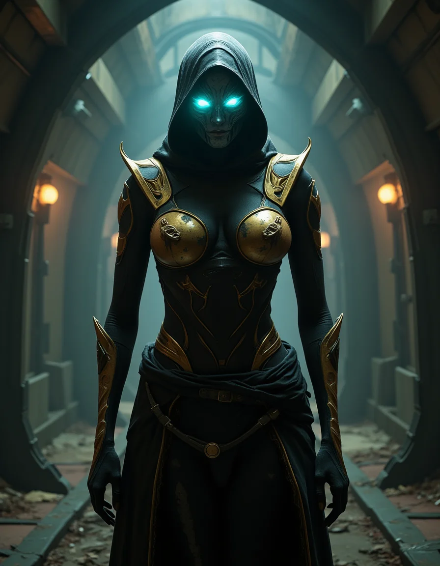 hyperrealistic, photo, masterpiece, stunning, best quality,
Create a detailed portrait of a Zariman character from Warframe video game, a member of The Holdfasts. Depict her as a spectral, Void-touched figure, existing between life and death. Their form should blend Orokin elegance with eerie, corrupted elements golden accents and flowing robes torn by Void energy, with faint wisps of ethereal light emanating from their body. Their face is obscured by a mask and shadowed hood, revealing only glowing, hollow eyes. The background should feature the haunting, abandoned corridors of the Zariman Ten Zero, with twisted metal, flickering lights, and faint traces of a mysterious song echoing through the void. Emphasize a sense of tragic resilience and otherworldly power.
perfect lighting, professional, high contrast, bright colors, intricate details, (high quality texture), (sharp), (artistic image), 8K, highly detailed, fantasy, vivid, rich details,