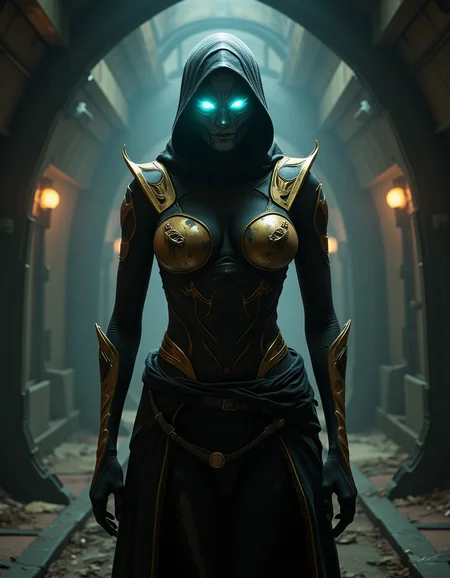 hyperrealistic, photo, masterpiece, stunning, best quality,
Create a detailed portrait of a Zariman character from Warframe video game, a member of The Holdfasts. Depict her as a spectral, Void-touched figure, existing between life and death. Their form should blend Orokin elegance with eerie, corrupted elements golden accents and flowing robes torn by Void energy, with faint wisps of ethereal light emanating from their body. Their face is obscured by a mask and shadowed hood, revealing only glowing, hollow eyes. The background should feature the haunting, abandoned corridors of the Zariman Ten Zero, with twisted metal, flickering lights, and faint traces of a mysterious song echoing through the void. Emphasize a sense of tragic resilience and otherworldly power.
perfect lighting, professional, high contrast, bright colors, intricate details, (high quality texture), (sharp), (artistic image), 8K, highly detailed, fantasy, vivid, rich details,