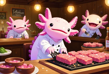pikaole of, axolotl chef, in a steakhouse, grilling steaks to perfection, wearing a white chef's coat, rustic and hearty decor, the axolotls have pink frilly gills and round black eyes