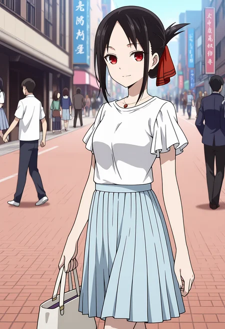 anime screencap, masterpiece, best quality,
<lora:Kaguya-samaWaKokurasetai_ShinomiyaKaguya_IlluXL:0.9>,
1girl, people, closed mouth, light smile,
folded ponytail, parted bangs, black hair, red eyes, no pupils, hair ribbon, red ribbon,
pendant, white shirt, short sleeves, frilled sleeves, pleated skirt, medium skirt, light blue skirt,
holding bag, white handbag,
walking, looking at viewer, cowboy shot,
city, street, day, photo background, blurry background