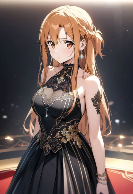 1girl, asuna \(sao-alo\), sword art online,orange hair,long hair,brown eyes,detailed eyes,beautiful eyes,eye liner,wearing Haute_Couture designer dress,Haute_Couture,turtleneck style black dress,bare shoulders,golden embroidery,intricate details,gold lining,jewelry,earrings,choker necklace,bracelet,at the met gala,lighting,red carpet,masterpiece,best quality,ultra detailed,