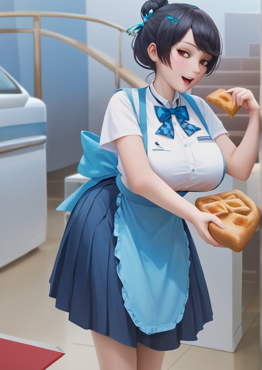 1girl, takao (kancolle), huge breast, :o, airplane hair ornament, alternate costume, apron, arm up, black hair, blue apron, blue bow, blue bowtie, blue skirt, blush, bow, bowtie, box, bread, breasts, checkered apron, checkered clothes, feet out of frame, food, gingham, gingham apron, hair bun, hair ornament, hair up, hand up, high-waist skirt, holding, kobeya uniform, leaning forward, long skirt, looking at viewer, open mouth, outline, pleated shirt, red eyes, shirt, short hair, short sleeves, single hair bun, skirt, solo, tongs, underbust, unmoving pattern, white shirt,zPDXL3, (realistic:1.3),real<lora:Mddueck:1>