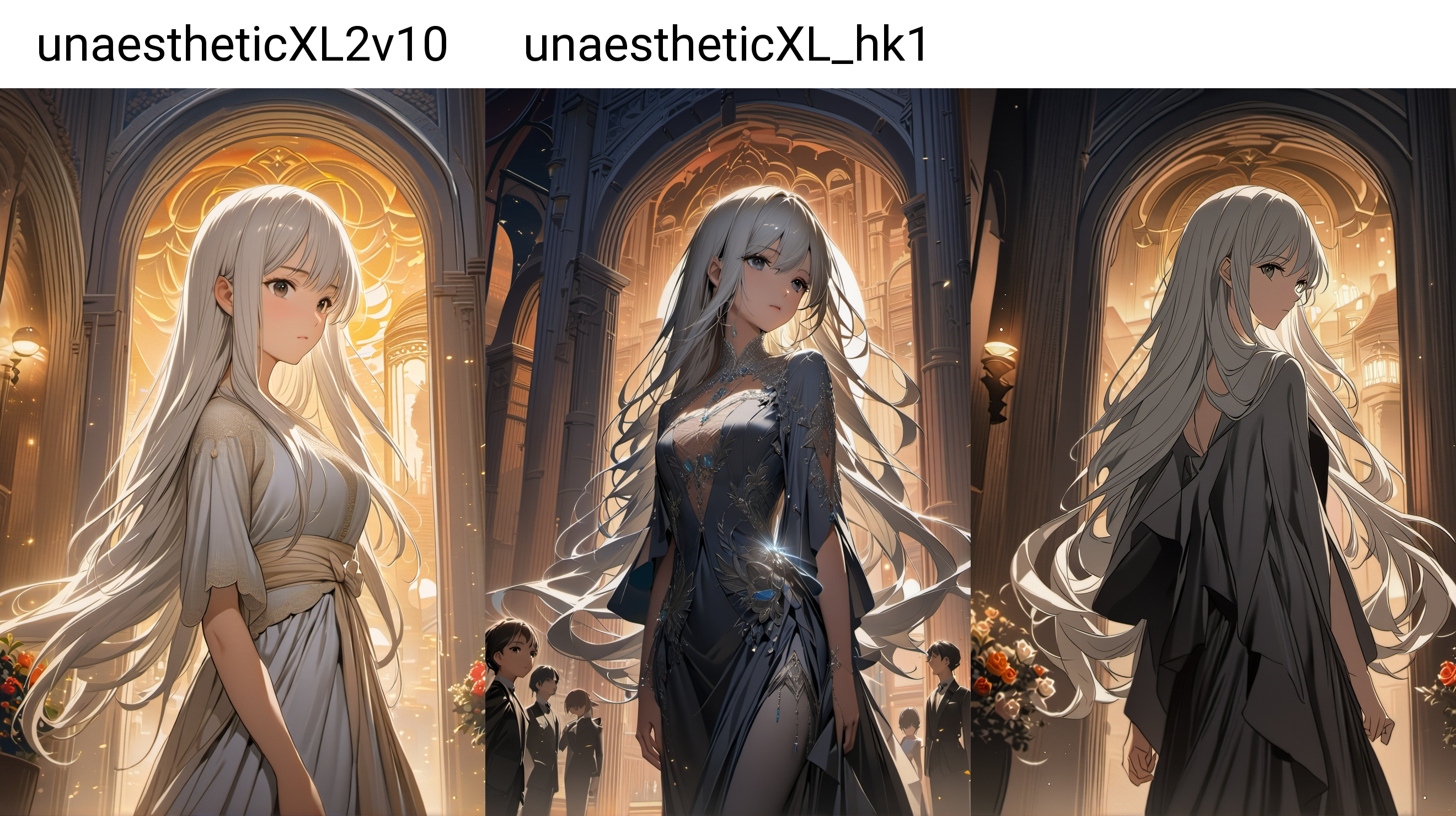 girl with long white hair in front of an arch while looking at the moon on her long hair,in the style of anime art,elegant cityscapes,i can't believe how beautiful this is,luminous reflections,dark gray,romanticized nostalgia,, masterpiece, best quality