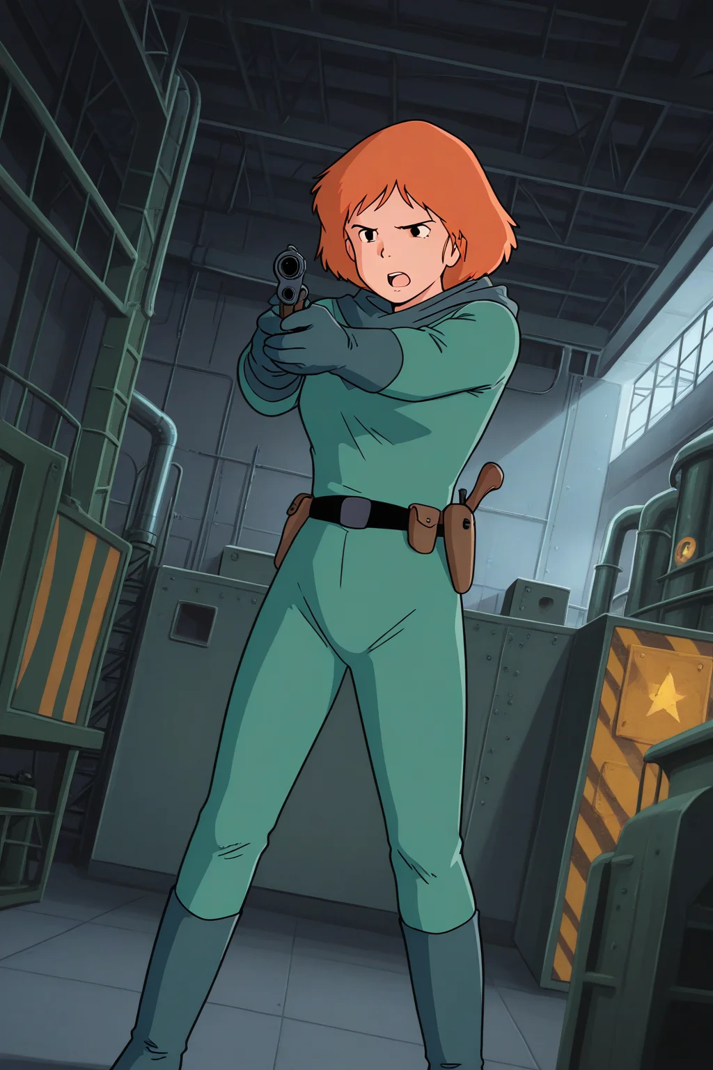 masterpiece, best quality, amazing quality, absurdres, solo, conanmonsley, serious, standing, holding gun, aiming, open mouth, dutch angle, orange hair, green hood, green bodysuit, green gloves, green boots, indoors, factory, military base, warehouse