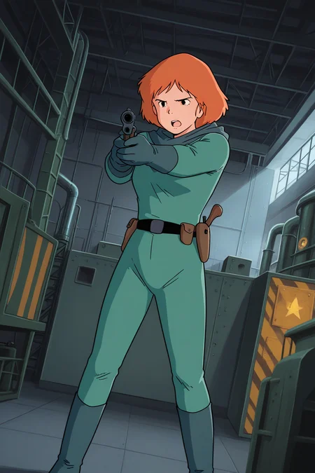 masterpiece, best quality, amazing quality, absurdres, solo, conanmonsley, serious, standing, holding gun, aiming, open mouth, dutch angle, orange hair, green hood, green bodysuit, green gloves, green boots, indoors, factory, military base, warehouse