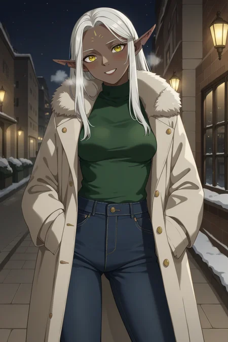 score_9, score_8_up, score_7_up, source_anime, 1girl, prefect lighting, very aesthetic, intricate details, highly detailed background, masterpiece, high quality, prefect hands, best quality, solo,
<lora:Cithis_Dungeon_Meshi_V4:.85>, KJOcithis, yellow eyes, dark elf, pointy ears, elf, forehead mark, dark skin, white hair, long hair, notched ear,
Fur coat, heavy coat, jeans, fur boots,
standing, light smile, teeth, hands in pockets, head tilt, blush, heavy breathing,
Night, city, winter, snow,
(Beautiful, medium Breasts:1.2), natural breasts,