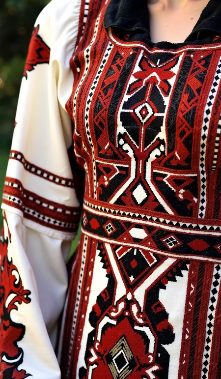 Traditional Arabic clothes traditions stylecostumes with hyper-detailed embroidery patterns ((extreme detail on textile patterns)) :: ornate Romanian ceremonial dress with flowing white fabric base :: rich geometric embroidery in deep crimson and obsidian black :: authentic period-accurate folk costume details inspired by 19th century Romanian traditional dress :: intricate beadwork and metallic thread accents catching natural light :: soft diffused outdoor lighting creating subtle shadows on textile folds :: style references to classical portrait photography by Edward Curtis :: color palette: cream white base with deep burgundy, earth browns, and jet black accents :: needlework patterns showing golden ratio proportions :: photorealistic fabric textures :: shallow depth of field emphasizing embroidery detail :: shot on medium format digital :: natural ambient lighting :: 8k resolution