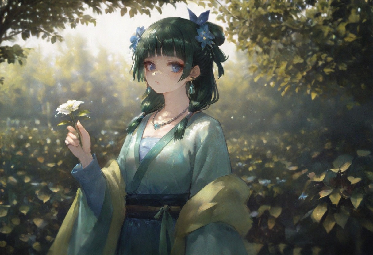 volumetric lighting, ambient occlusion, luminescent background, masterpiece, very awa, plants, flowers,
BREAK
dynamic pose,  looking at viewer, holding flower, depth of field,  leaf, branch, blurry background, absurdres, masterpeice, best quality, very aesthetic
BREAK
maomao \(kusuriya no hitorigoto\),freckles, 1girl, dappled sunlight, multi-tied hair, solo, long sleeves, looking at viewer, hanfu, makeup, necklace, earrings, wide sleeves, shawl, hair flower, hairpin,