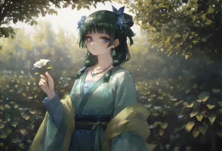 volumetric lighting, ambient occlusion, luminescent background, masterpiece, very awa, plants, flowers,
BREAK
dynamic pose, looking at viewer, holding flower, depth of field, leaf, branch, blurry background, absurdres, masterpeice, best quality, very aesthetic
BREAK
maomao \(kusuriya no hitorigoto\),freckles, 1girl, dappled sunlight, multi-tied hair, solo, long sleeves, looking at viewer, hanfu, makeup, necklace, earrings, wide sleeves, shawl, hair flower, hairpin,