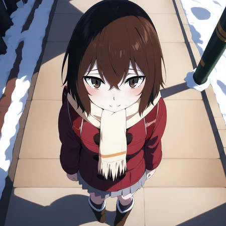 pixiv masterpiece, score_9, score_8_up, source_anime, score_7_up, best quality, high res, absurd res,
<lora:Kayo_Hinazuki_Illustrious_v19-000013:1>,kayo_hinazuki_il, 1girl, brown_eyes, short_hair, brown_hair, dark_red_backpack, grey_skirt, red_coat, coat_over_skirt, scarf, solo, faint smile, from above, winter, school, clean background, boots, dark_grey-purple_socks, full body, close up
