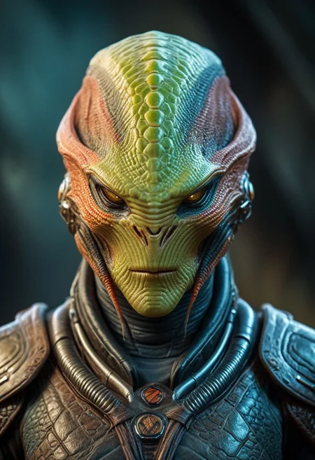 ultra realistic, realism, reptilian alien, Genestealer, cinematic, , wearing leather science fiction armor, without helmet, no helmet , volumetric lighting, realistic subsurface scattering  , cinematic low-key portrait photography, hyper detailed, texture, 8k, HD, UHD, perfect texture, featured on artstation, pinterest,