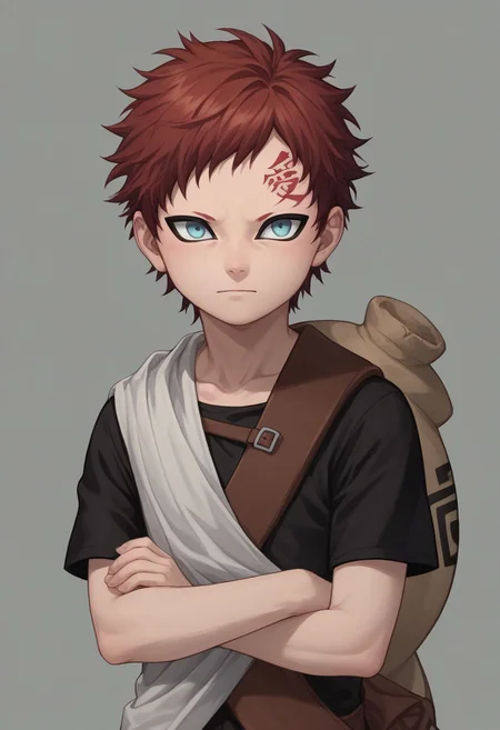 score_9, score_8_up, score_7_up, highly detailed, cute boy, 1boy, solo, young, Gaara, Red Hair, Pale Blue Eyes, Facial Mark , Black Short sleeve shirt, White Cloth Sash, leather strap, gourd