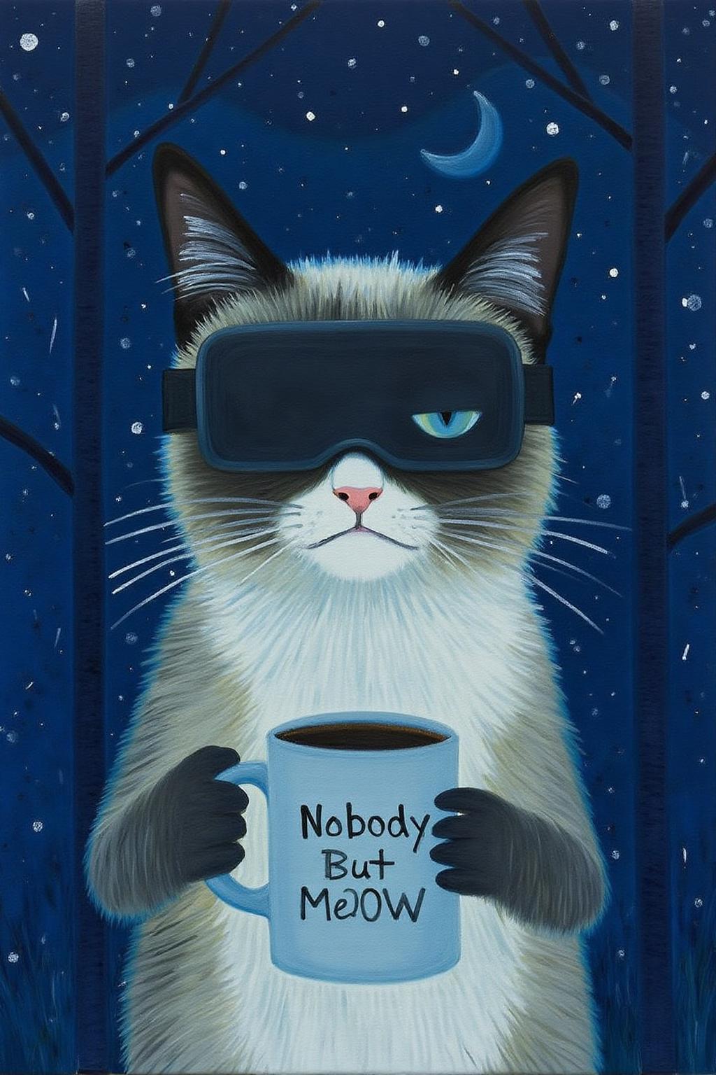mawo1 painting. 
A dreamlike and surreal nighttime scene painted in an abstract minimalist style.
 Grumpy Cat holidng a coffee mug, wearing a VR Headset. The mug has the phrase "NobodyButMeow"  <lora:mawo1_cap_d6a3e12:1.0><lora:821409055374423589:0>