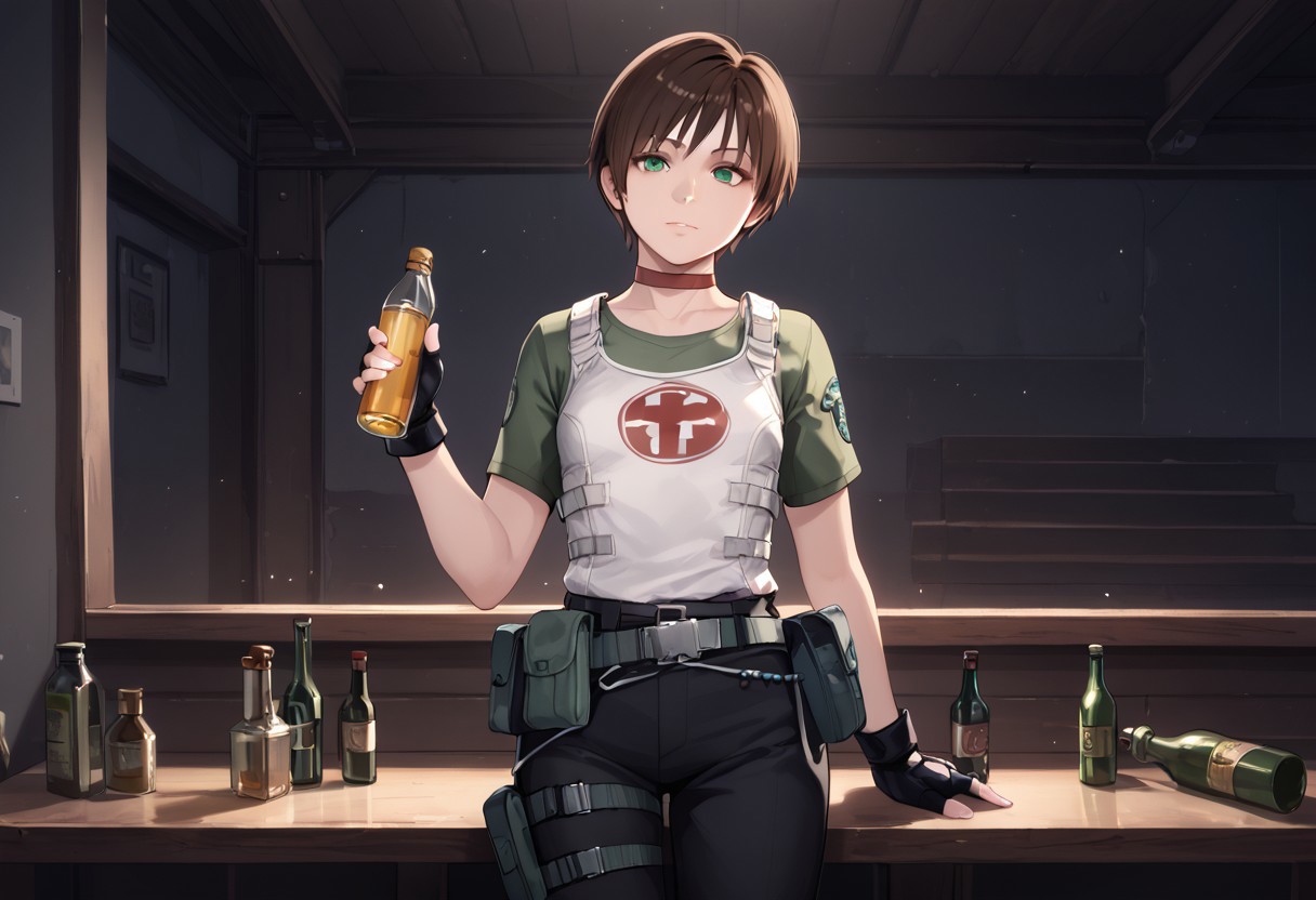 score_9, score_8_up, score_7_up, rebecca-chambers, resident evil, 1girl, fingerless gloves, brown hair, gloves, short hair, solo, choker, pants, flashlight, green eyes, belt, bottle, pouch, shirt, holding bottle, black gloves, holding, belt pouch, black pants, looking at viewer<lora:RE0_Rebecca_Chambers:1>