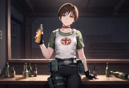 score_9, score_8_up, score_7_up, rebecca-chambers, resident evil, 1girl, fingerless gloves, brown hair, gloves, short hair, solo, choker, pants, flashlight, green eyes, belt, bottle, pouch, shirt, holding bottle, black gloves, holding, belt pouch, black pants, looking at viewer<lora:RE0_Rebecca_Chambers:1>