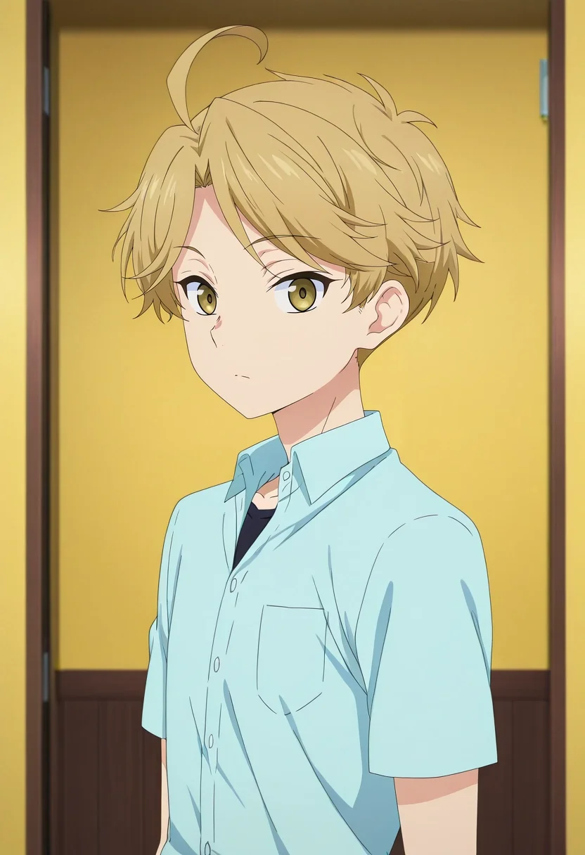 masterpiece, best quality, , anime screencap, anime coloring, official style, looking at viewer, 1boy, solo, male focus, <lora:yuuma_nikaidou_ilxl:0.94>, yuuma_nikaidou, blonde hair, yellow eyes, short hair, ahoge, ,