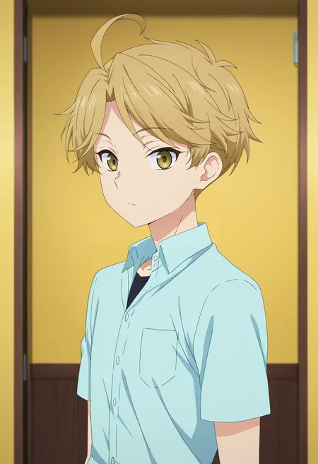 masterpiece, best quality, , anime screencap, anime coloring, official style, looking at viewer, 1boy, solo, male focus, <lora:yuuma_nikaidou_ilxl:0.94>, yuuma_nikaidou, blonde hair, yellow eyes, short hair, ahoge, ,
