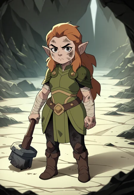 score_9, score_8_up, score_7_up, score_6_up, score_5_up, score_4_up, BREAK high quality, highres, source_anime, score_9, 1girl, a female dwarf holding a giant hammer inside a cave, long hair, black eyes, shortstack, heavy armor, dirty, looking at viewer, standing in a cave, dark, cavern background <lora:VoxMachinaV2XLLocon_byKonan:1>