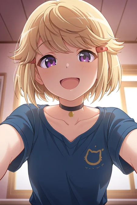 masterpiece, best quality, amazing quality,
 <lora:Ryoko_IL:1> ryoko, 1girl, solo, purple eyes, open mouth, choker, smile, hair ornament, short hair, hairclip, collarbone, blonde hair, upper body, black choker, blue shirt, :d, shirt, short sleeves, bangs, indoors, looking at viewer