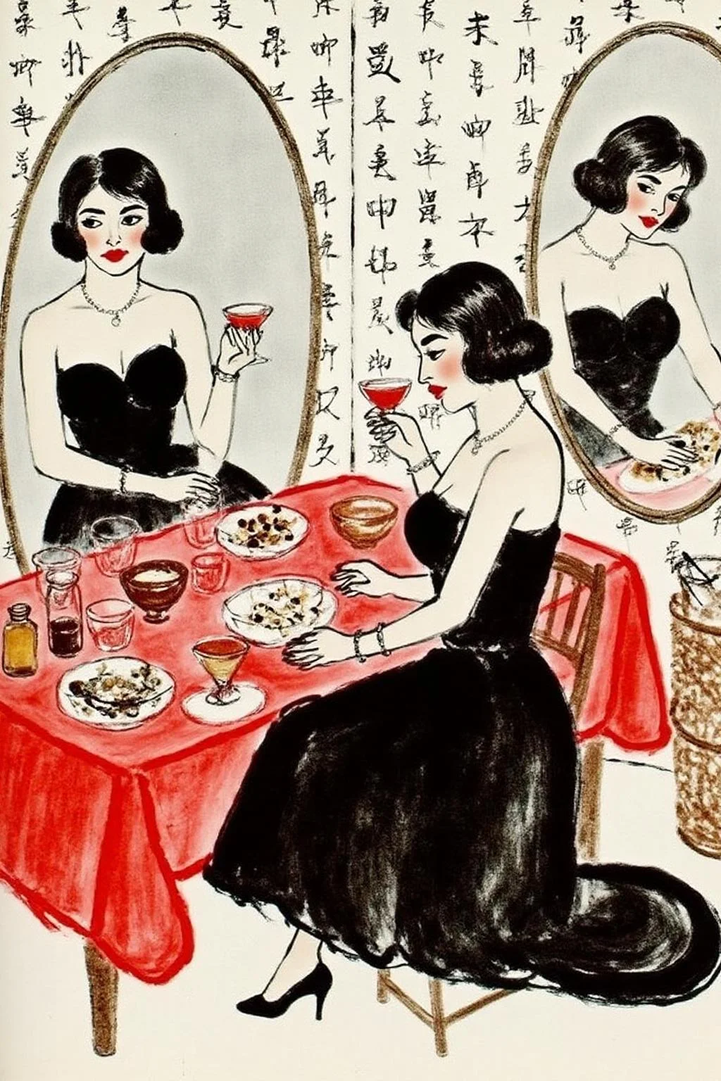 qbs1 ink wash painting.
a woman wearing an elegant strapless black dresses, seated at a cluttered red table, surrounded by mirrored reflections of herself. The scene is filled with glass cups, pill containers, and small bottles, all creating an eclectic and moody atmosphere. A wallpaper of hand-drawn symbols or calligraphy fills the background. <lora:qbs1_cap_d6a3e12:1.0><lora:818412293483393373:0>