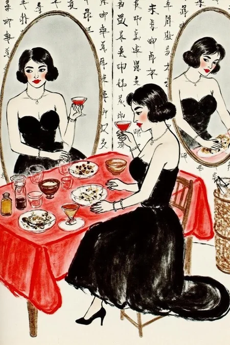 qbs1 ink wash painting.
a woman wearing an elegant strapless black dresses, seated at a cluttered red table, surrounded by mirrored reflections of herself. The scene is filled with glass cups, pill containers, and small bottles, all creating an eclectic and moody atmosphere. A wallpaper of hand-drawn symbols or calligraphy fills the background. <lora:qbs1_cap_d6a3e12:1.0><lora:818412293483393373:0>