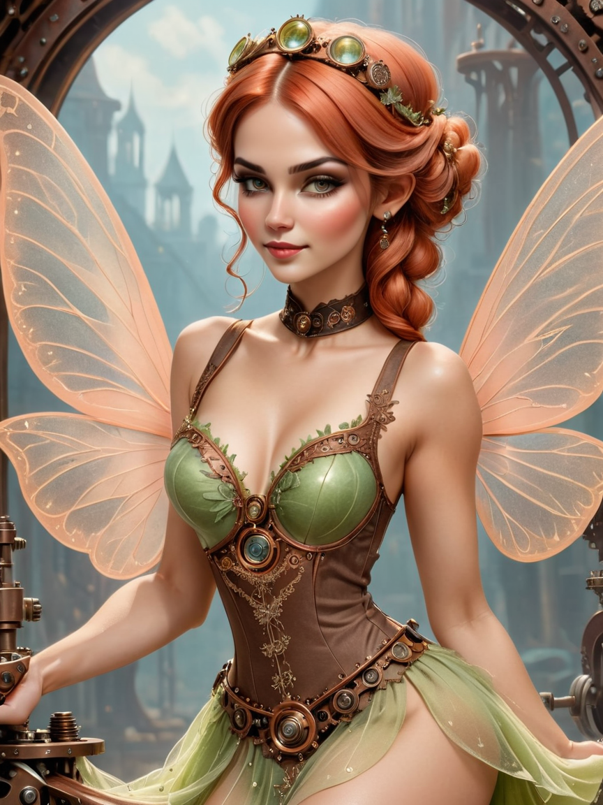 Steampunk style beautiful woman wearing a Melon (fairy dress) <lora:xl_fairy_dress-1.0:0.8>, Flexing, fairy wings . Antique, mechanical, brass and copper tones, gears, intricate, detailed