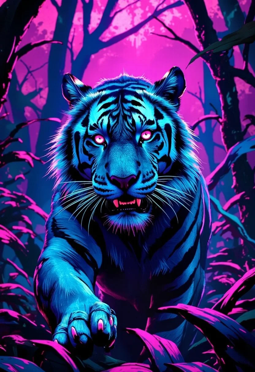 A fierce tiger prowling through a neon blue jungle, set against a deep crimson sky, with blue light reflecting on its striped fur, highly detailed,gold,silver, bo-neon, ArcaneFGTNR