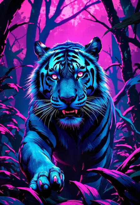 A fierce tiger prowling through a neon blue jungle, set against a deep crimson sky, with blue light reflecting on its striped fur,     highly detailed,gold,silver, bo-neon, ArcaneFGTNR
