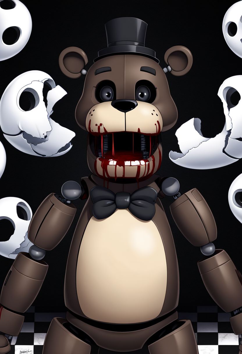 masterpiece, best details, best quality, freddy, black hat, black bowtie, brown skin, bear, robot, joints, black eyes, black sclera, open mouth, covered in blood, black background, ghosts, checkered floor