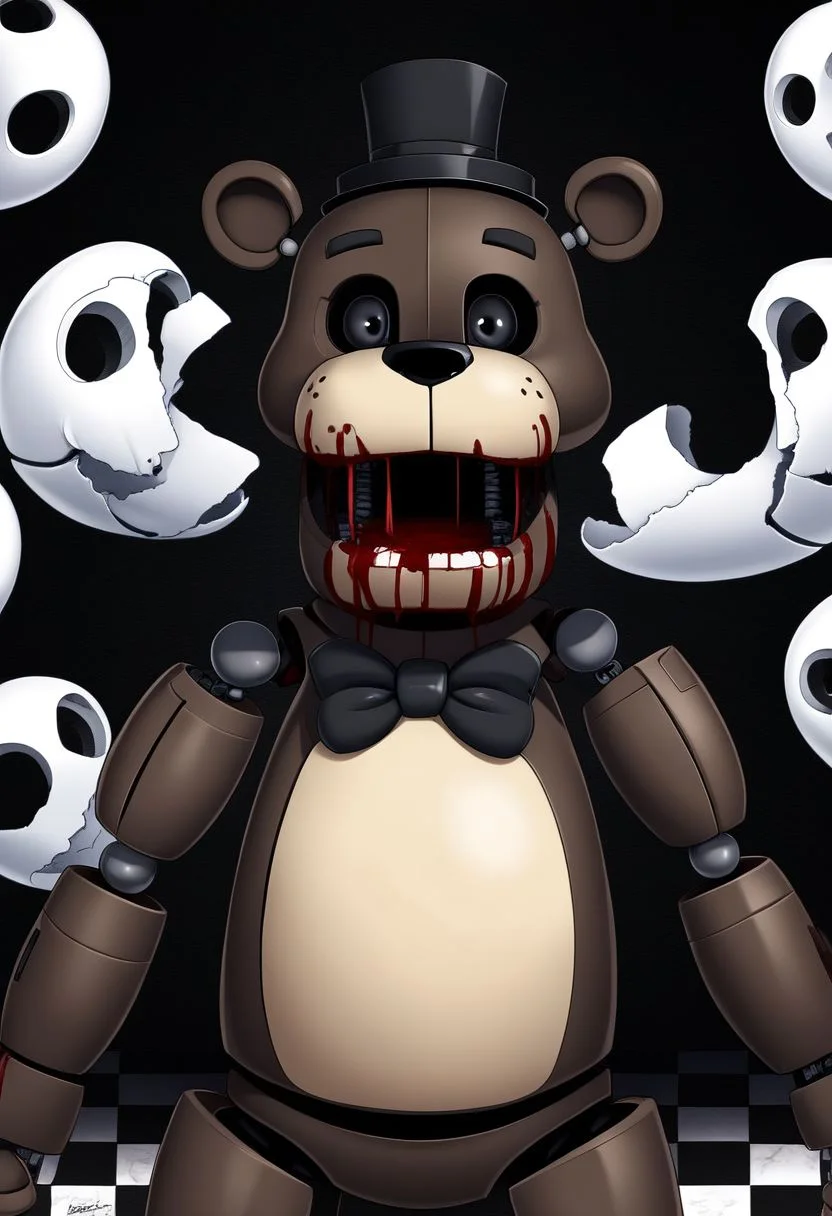masterpiece, best details, best quality, freddy, black hat, black bowtie, brown skin, bear, robot, joints, black eyes, black sclera, open mouth, covered in blood, black background, ghosts, checkered floor