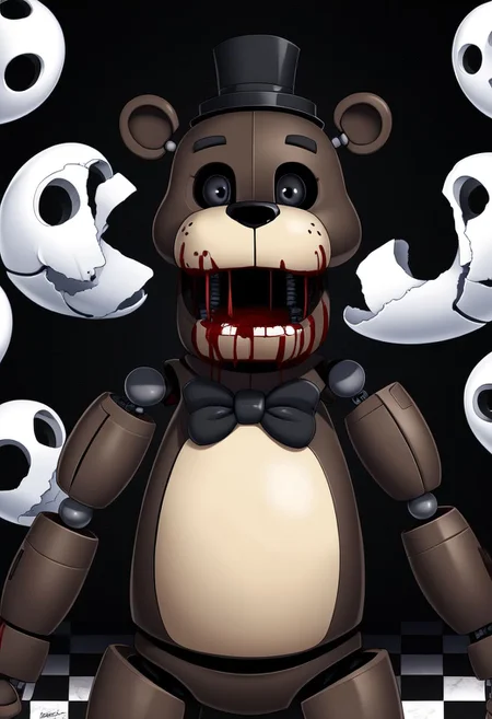 masterpiece, best details, best quality, freddy, black hat, black bowtie, brown skin, bear, robot, joints, black eyes, black sclera, open mouth, covered in blood, black background, ghosts, checkered floor